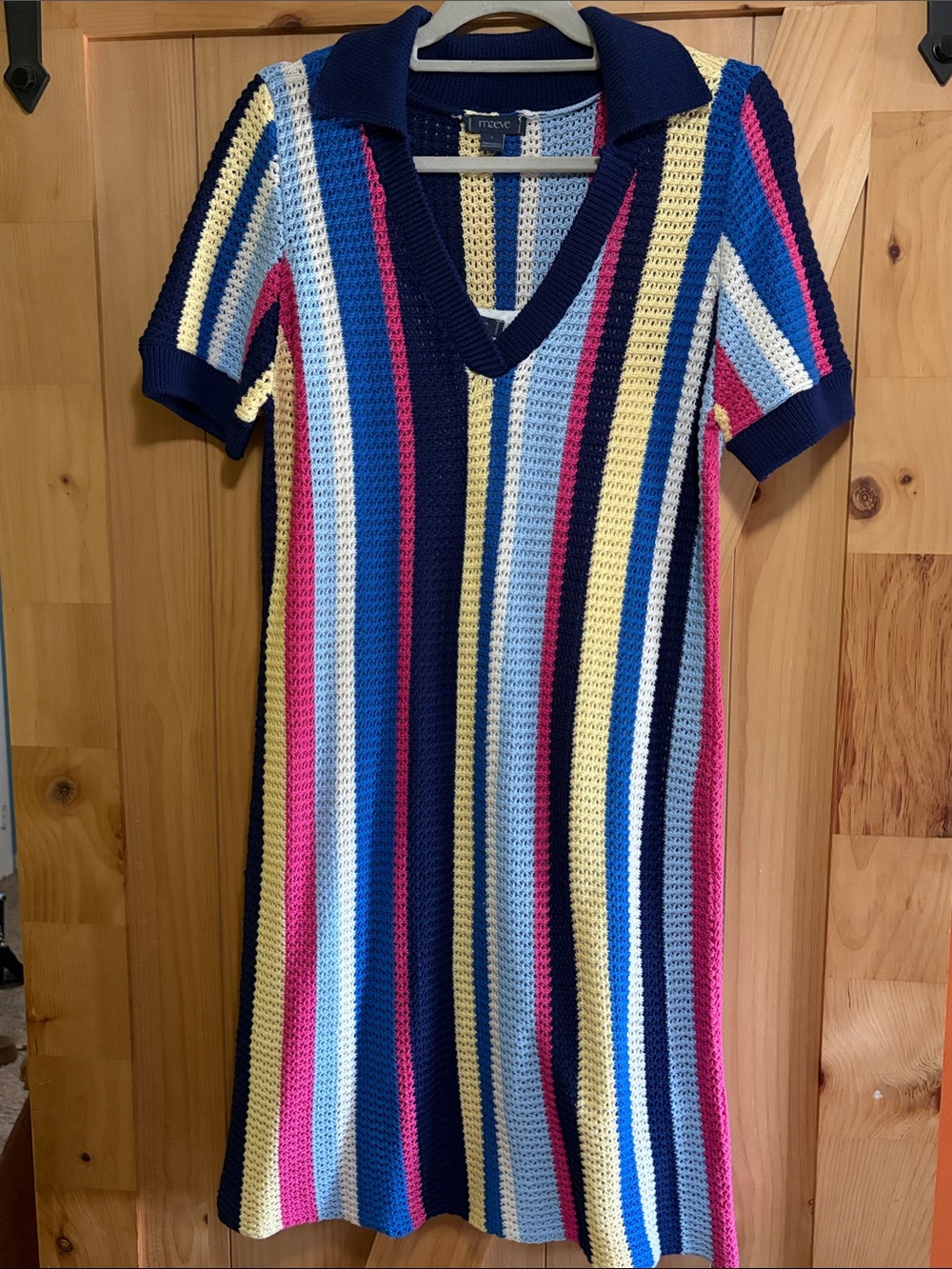 Maeve Striped Crochet Polo Mini Dress in Navy, Light Blue, Yellow & Pink - Picture 1 of 3